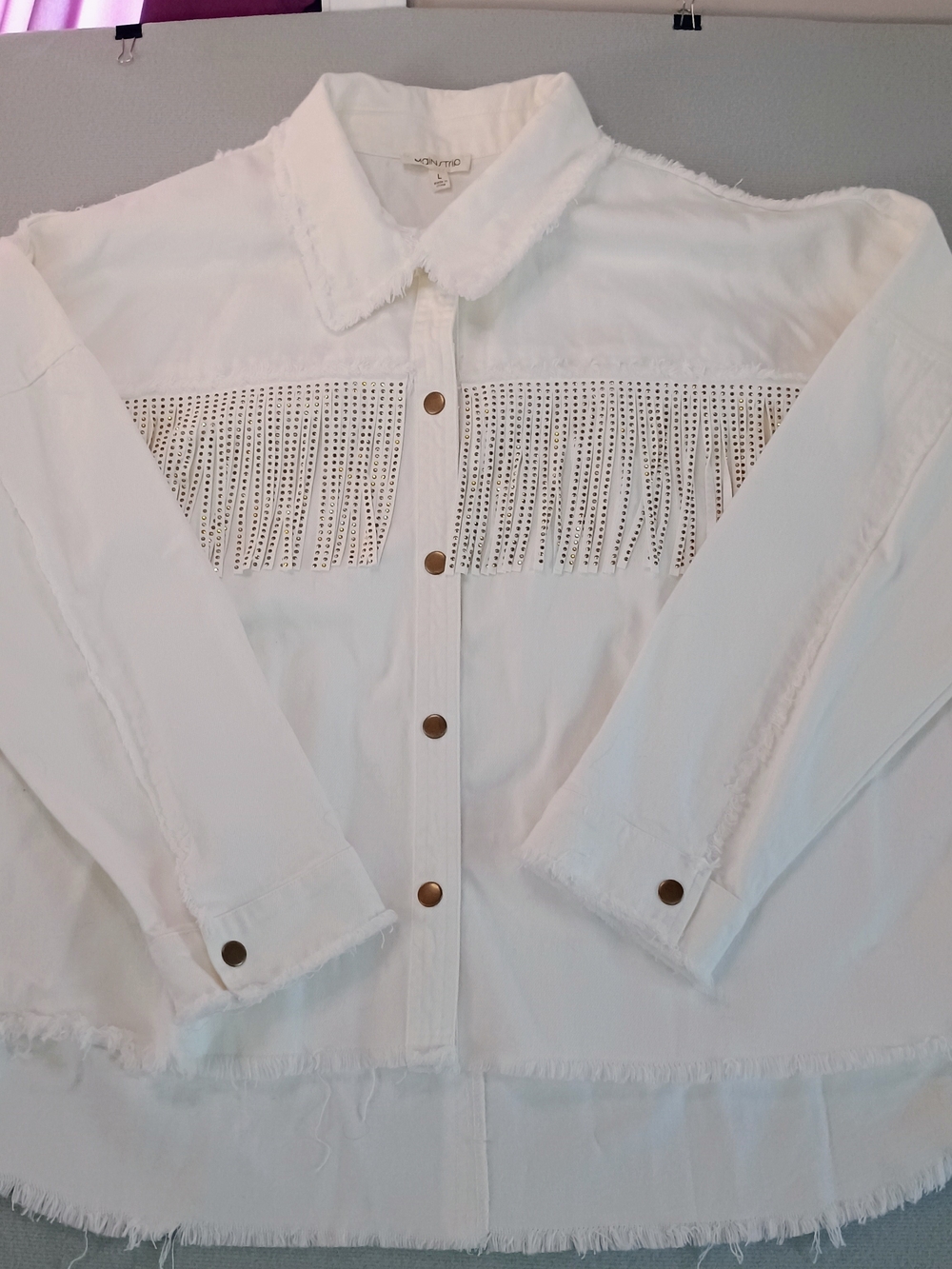Main Strip Western White Fringe Eyelet Jean Jacket
